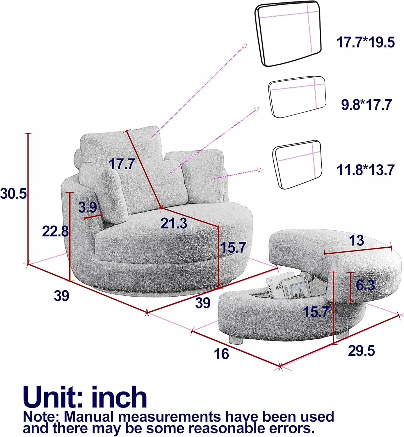 39 Inches Oversized Swivel Chair with Moon Storage Ottoman for Living Room, Accent Round Loveseat Circle Swivel Barrel Chairs