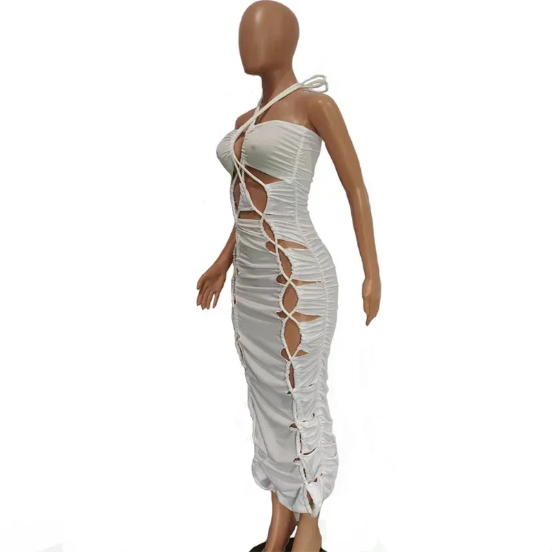 Women Solid Sexy Tie Caged Midi Dress Hollow Out Lace Up Halter Backless Zipper Ruched Bodycon Night Clubwear Party Dresses