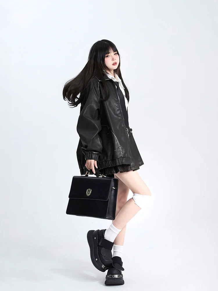 Giacca da Moto da Donna 97 in Pelle PU Stile Retrò con Chiusura a Cerniera, Cappotto Corto Femminile alla Moda per l'Autunno