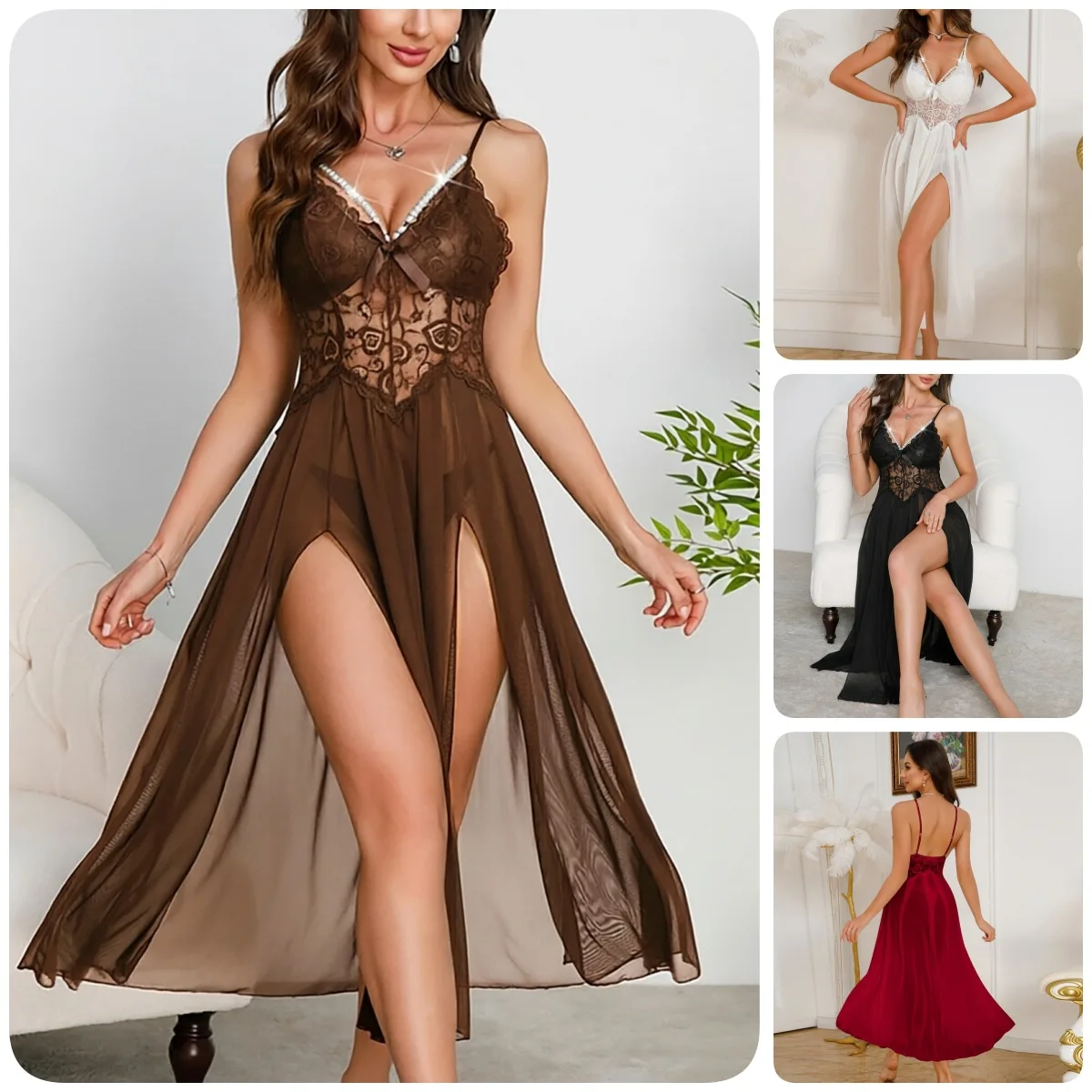 V-Neck Pearl Lace Patchwork Sleep Dress for Women Double Side Split Mesh Long Nightgown Sexy Sheer Lace Trim Lounge Wear