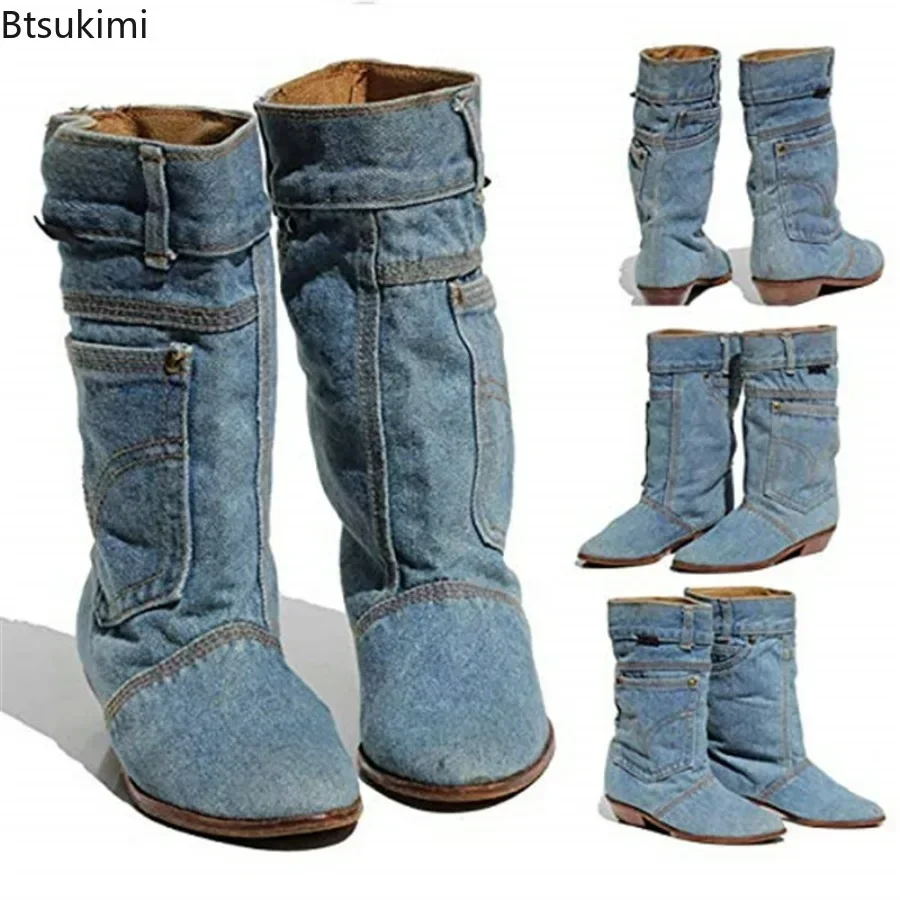 New 2024 Women\'s Denim Mid Calf Boots Low Heel Casual Short Boots Female Jeans Leather Pointed Toe Cowboy Boots Big Size 34-43