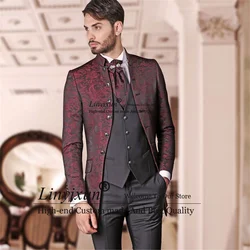 Fashion Jacquard Wedding Suits For Men Stand Collar Groom Tuxedos 3 Pieces Sets Male Prom Blazers Slim Terno masculinos completo