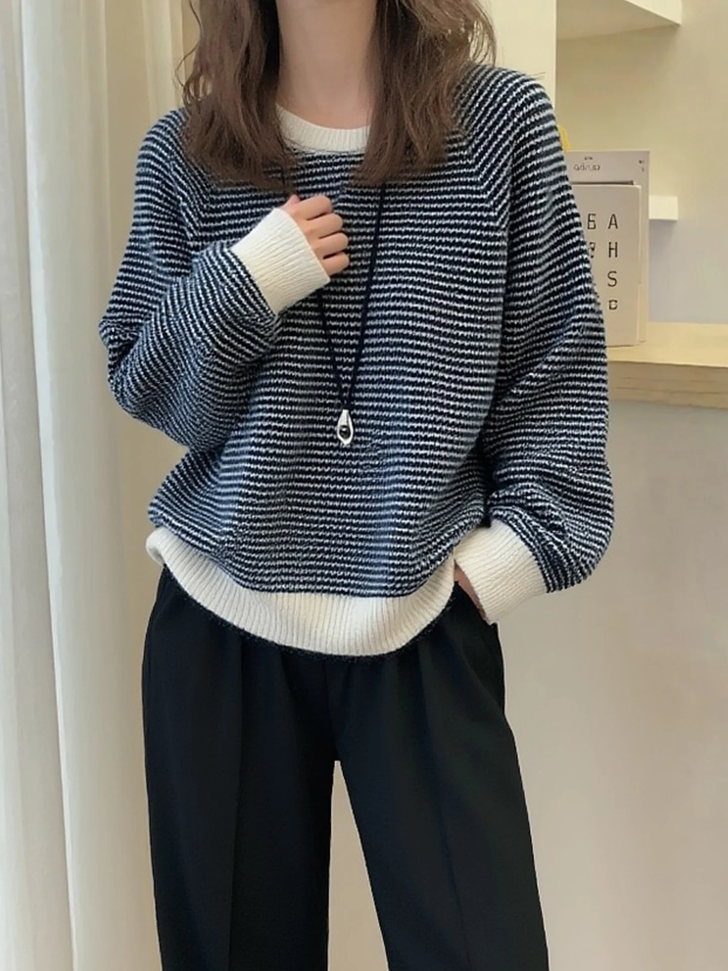 

Loose Striped Knit Sweater Fashionable Long Sleeve Winter 2026 Korean Style Versatile Top Women's Premium Quality Soft Fabric