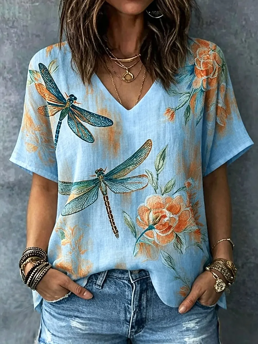 Funny Dragonfly 3D Print T Shirt For Women Fashion Flower Pattern Oversized Tops Casual V-neck Short Sleeve Tees Summer Clothing