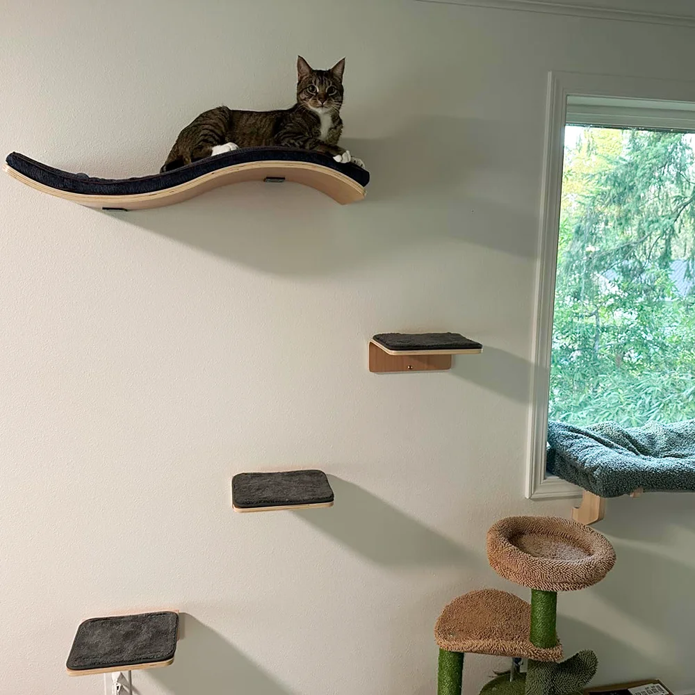 Wooden Cat Wall Mounted Climbing Shelf Set Hammock Perches Ladder Solid Wood Steps Cats Tree Tower Platform Jumping Shelves