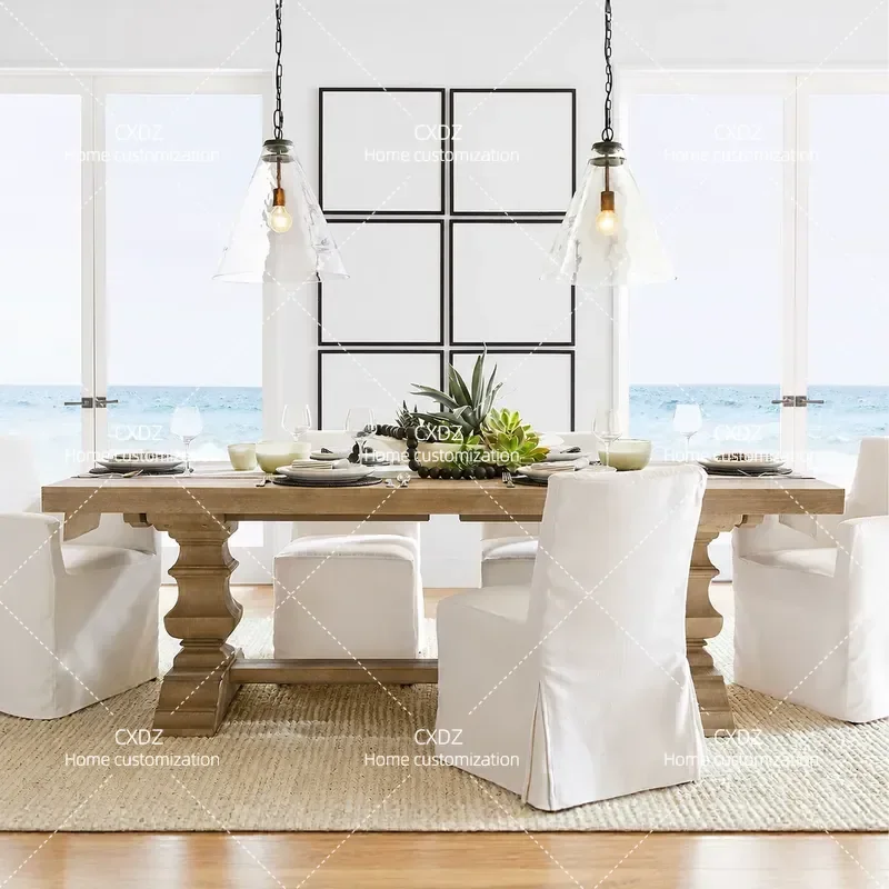 Rural Retro Solid Wood Rectangular Dining Table Set Antique Natural Grain Kitchen Furniture Household Dining Room Table and