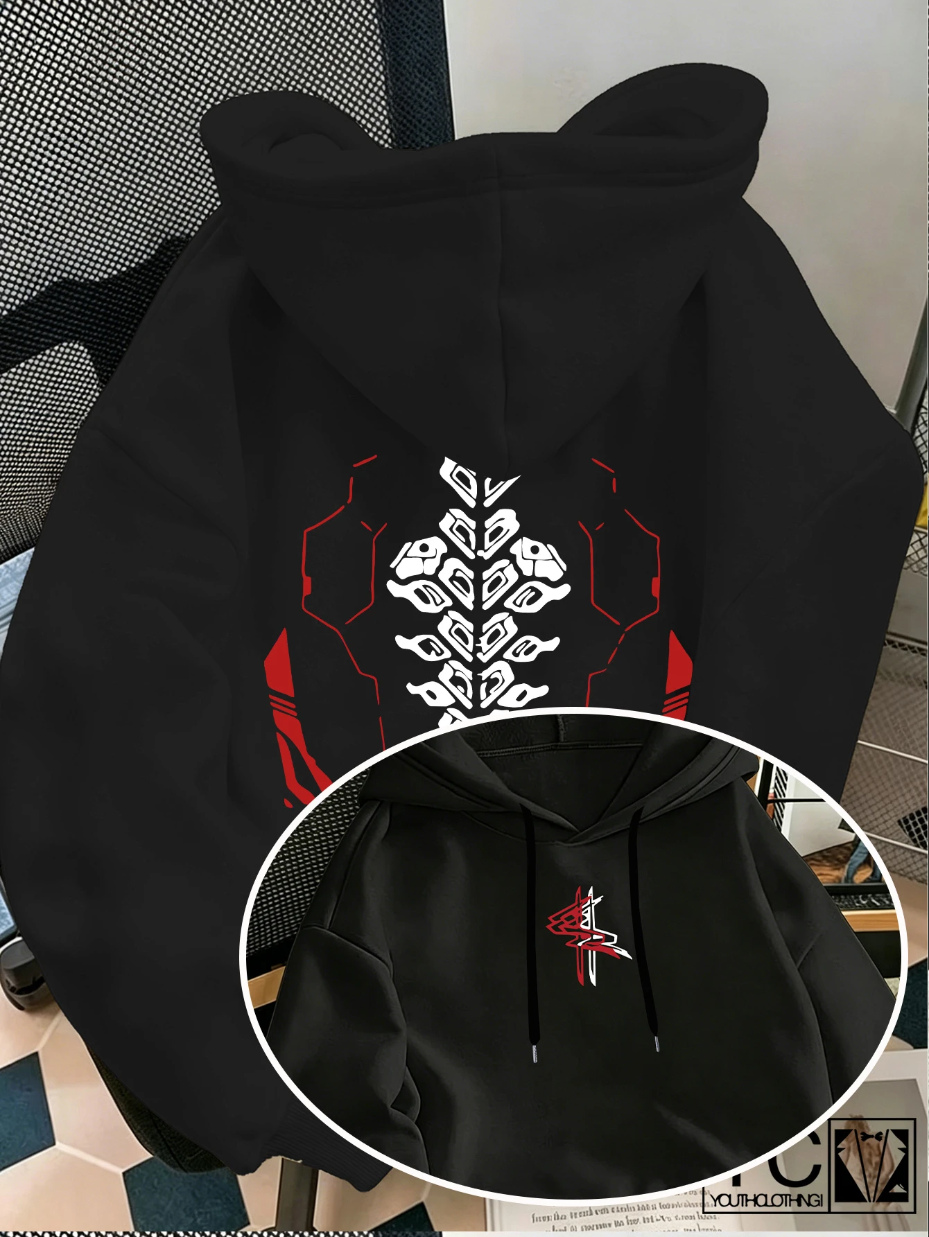 Men's Cyberpunk Mechanical Spine Print Hooded Sweatshirt: Street Style, Cool, Unique Logo Design, Perfect for Everyday Wear.