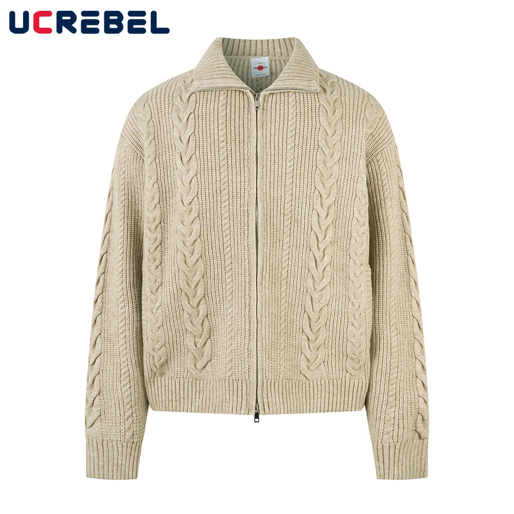 เสื้อสเวตเตอร์คอปกสไตล์เรโทรสำหรับผู้ชาย ฤดูใบไม้ร่วง ฤดูหนาว สไตล์ไฮสตรีท ทรงหลวม แขนยาว ถักนิตติ้ง เสื้อคลุมสำหรับผู้ชาย