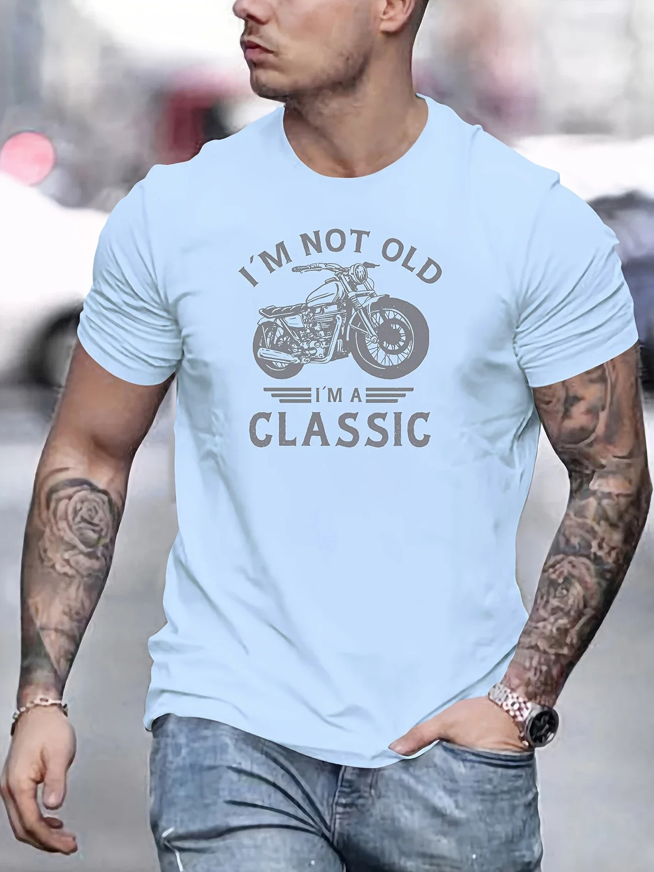 Summer casual men's retro motorcycle pattern "I'm not old, I'm classic" printed short sleeved round neck T-shirt, Father's Day g image 5