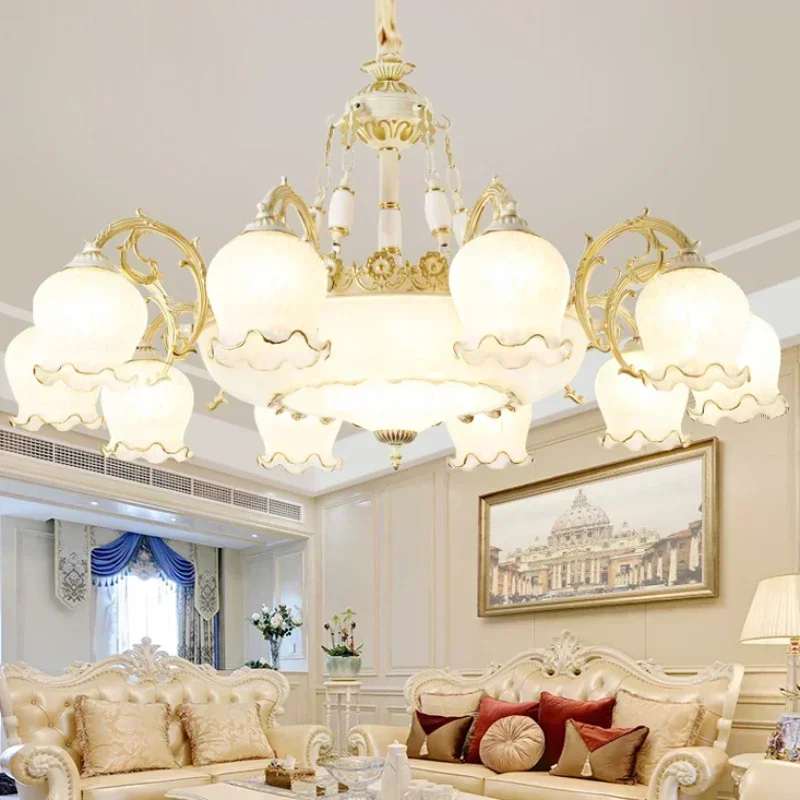 European-style Retro Living Room Glass Chandelier, American Second-hand Petal Chandelier, Bedroom Dining Room Decorative Lamp
