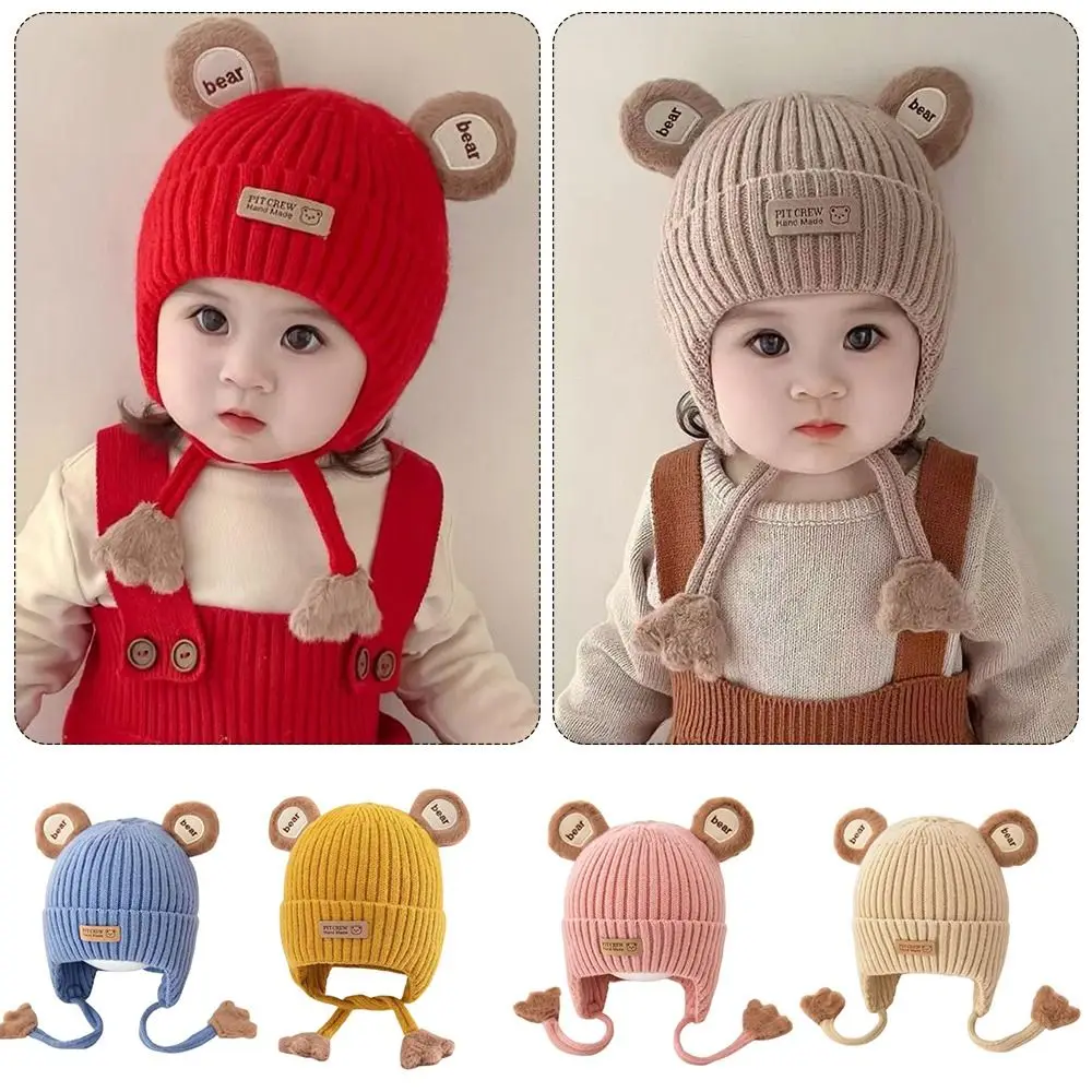 

Шапка-бини с милым медведем для малышей, шапка со шнуровкой, хлопковая подкладка, зимняя теплая шапка, вязаный материал, теплая детская шапка с защитой от холода