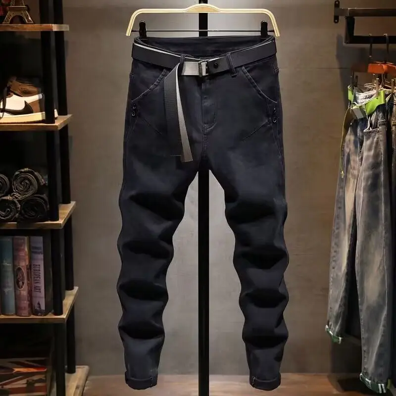 High-end na moda jeans masculino outono tendência coreana preto elástico casual fino-encaixe roupas masculinas de luxo pés pequenos calças compridas