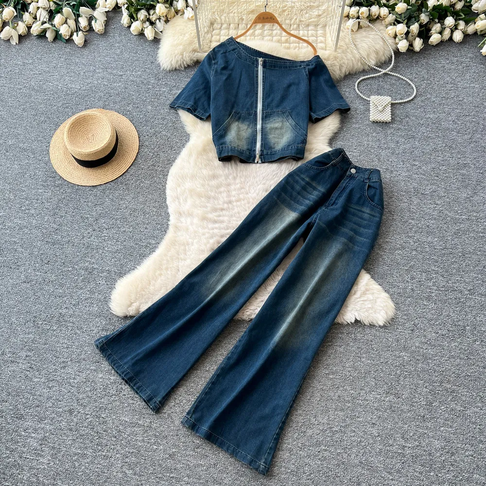 Denim Set For Woman Chic Sexy Denim Two Piece Set Summer Slim Zipper Fitted Tank Top Wide Leg Pants Women Matching Outfit