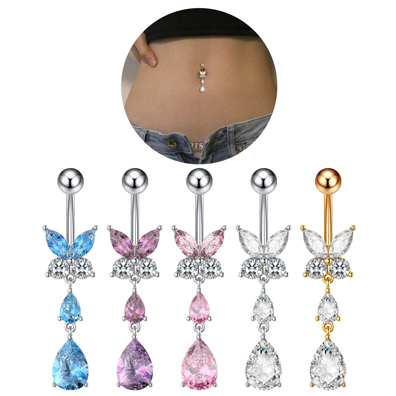 Trendy Water Droplets Zircon Belly Button Rings Piercing Nombril for Women Girl 14G Stainless Steel Butterfly Dangled Navel Ring