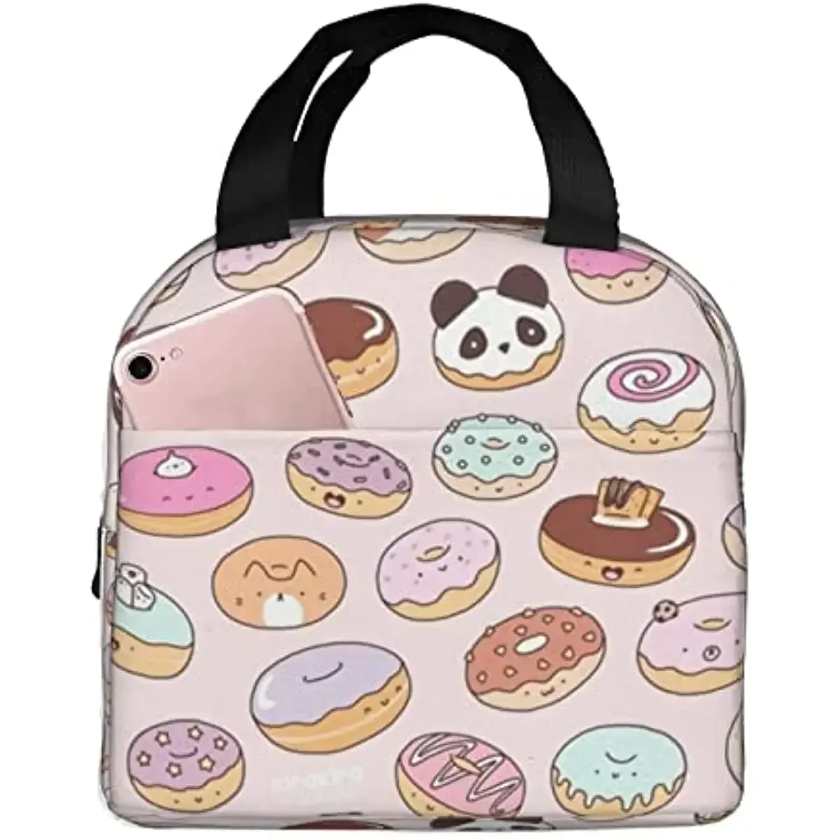 Kawaii Cute Sweet Donuts Waterproof Insulated Lun Bag, Fashionable Durable Tote Bag and Zipper for Work & Outdoor Picnic