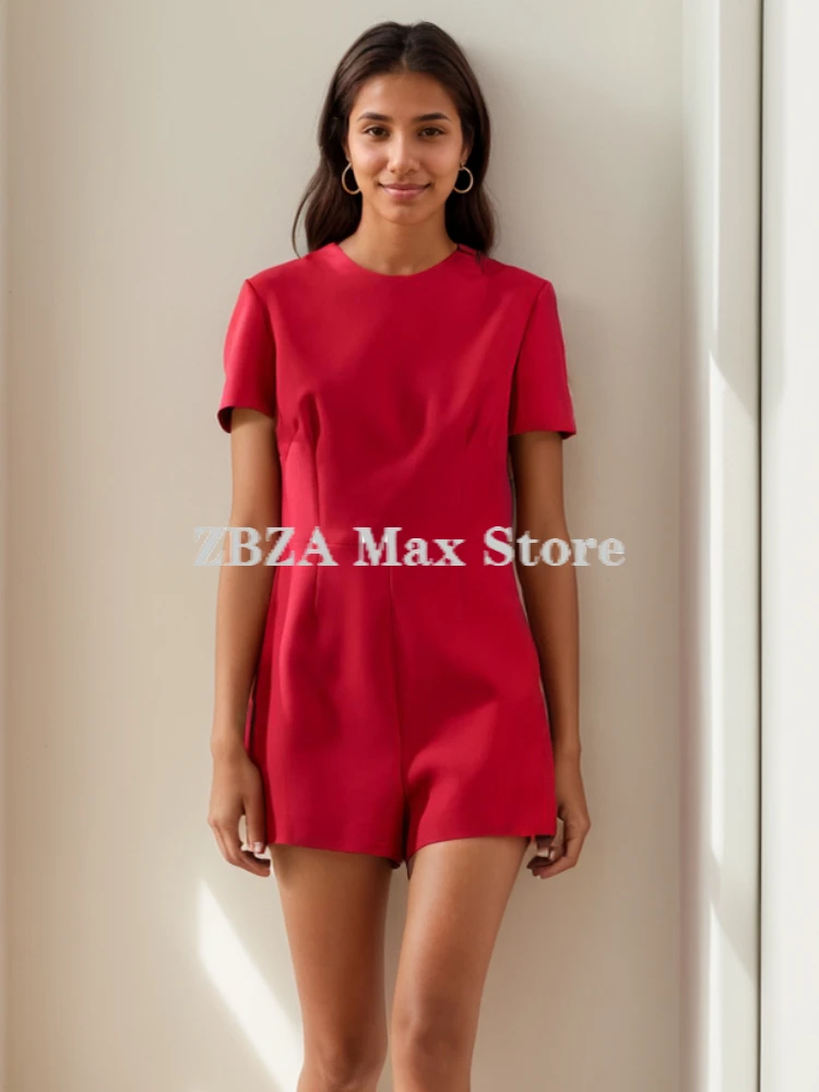 ZBZA Women\'s Bow Trim Short Jumpsuit Round Neck Hollow Out Solid Hidden Zip Mid Waist Backless Rompers New Female Chic Jumpsuit