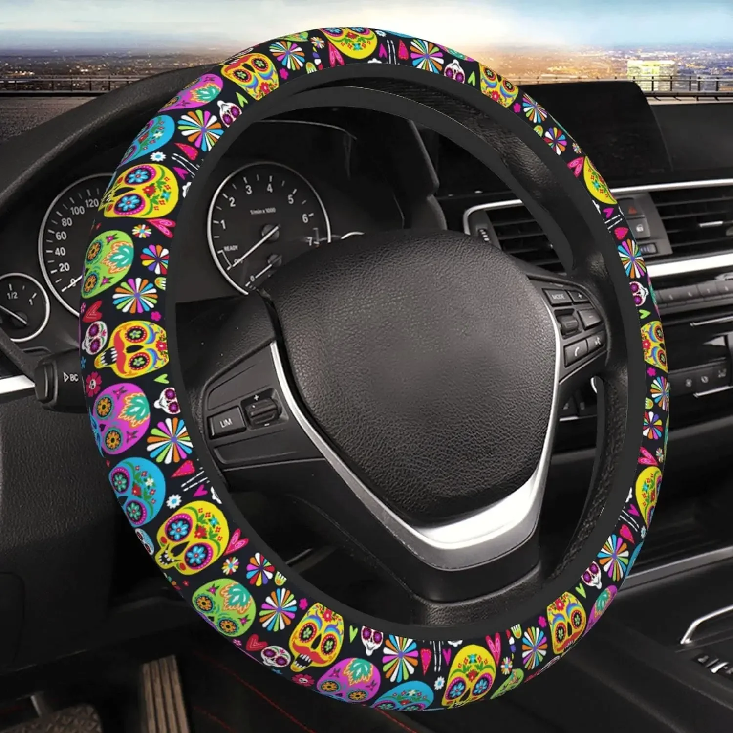 Sugar Skulls Day of The Dead Steering Wheel Cover Universal 15 Inch Car Wheel Protector Car Steering Wheel Accessories