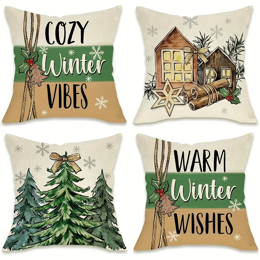 4PC Cozy Winter Vibes Christmas Throw Pillow Covers Seasonal Holiday Decor for Sofa Bedding Xmas Gift