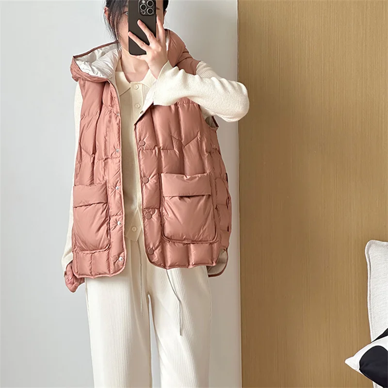 Oversize Hooded Down Waistcoat Coat 2023 Autumn Winter Women Light White Duck Down Vest Jacket Lady Warm Sleeveless Tank Parkas