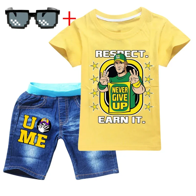 2023 여름 3-12세 남아 여아 의류 세트 아기 남자 존 시나 프린트 티셔츠 + 반바지 2종 아기 면 캐주얼 의류 세트