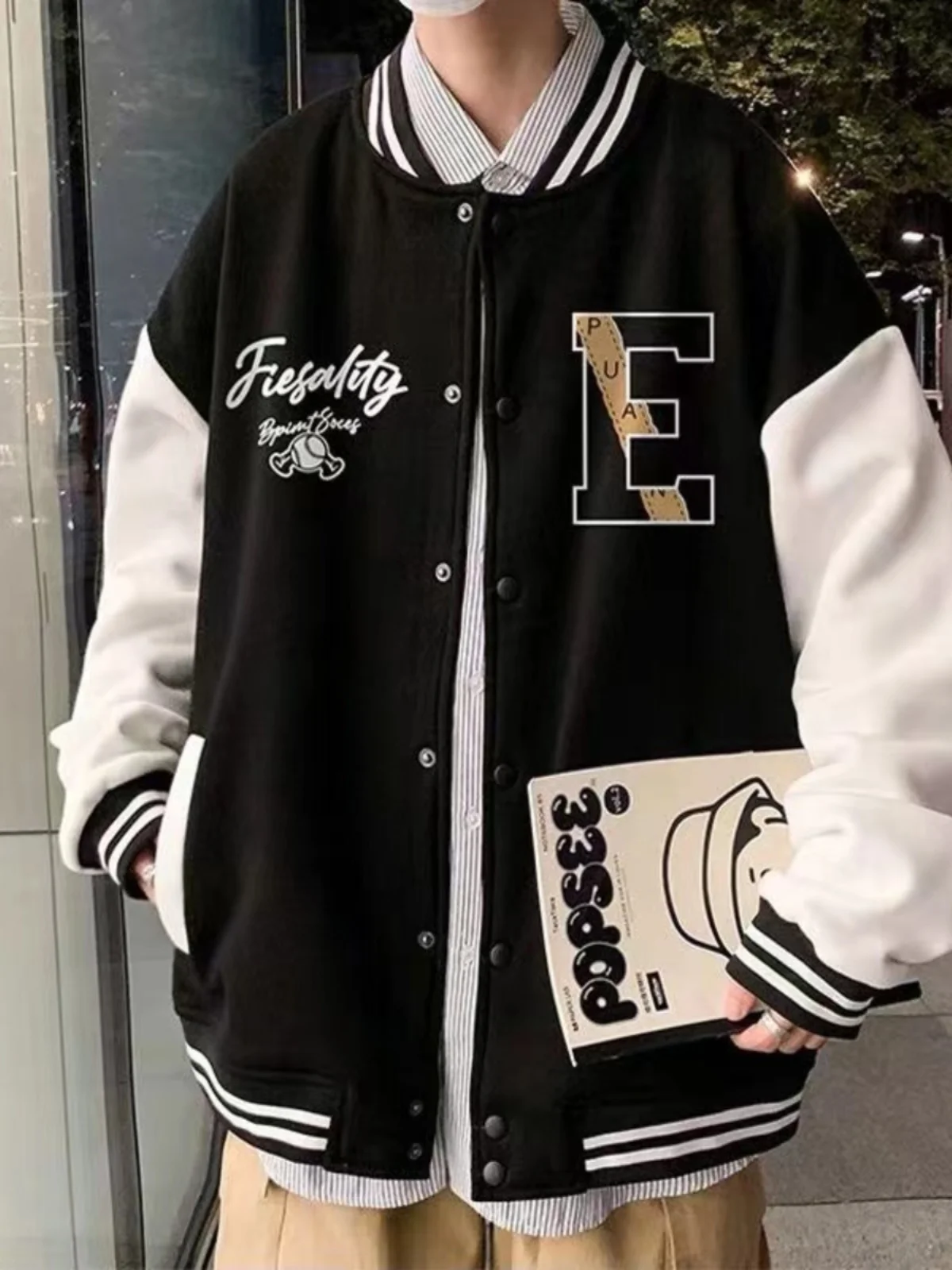 

Color Blo Baseball Jaet Men's Casual Loose Fit Faionable Street Sle Autumn New Arrival Polyester Long Sve Coat