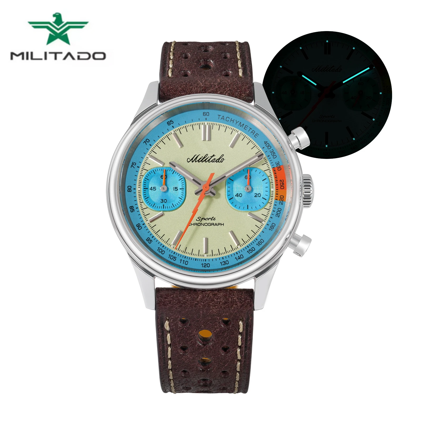 MILITADO ML23 Miyota 6S21 Sweep Chronograph Watch 40mm Sapphire Crystal 316L Steel 100M Waterproof BGW9 Lume Leather Strap