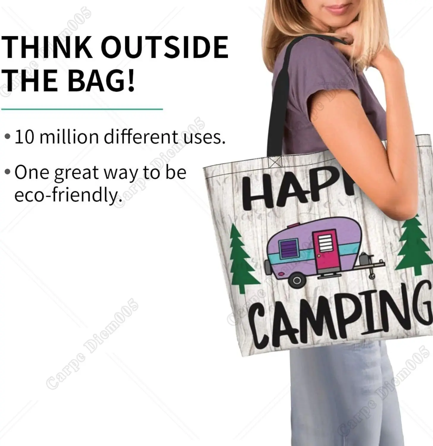 Happy Camper Women Shopping Shoulder Handbag Hiking Picnic Camper Tote Bag Reusable Shopping Bag Print Pattern One Size