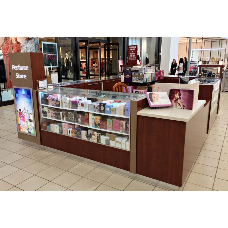 （customized）Wooden Perfume Display Counter Mall Kiosk Perfume Retail Perfume Kiosk Stand with Light