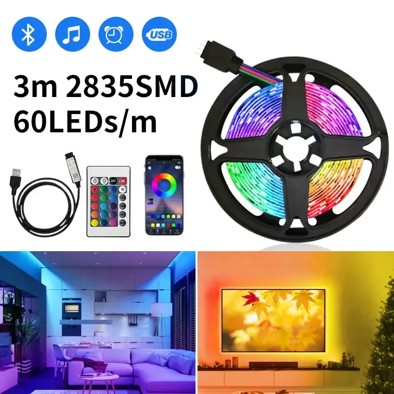 3M USB RGB LED Strip Light 60Leds 5V SMD2835 Bluetooth Control Flexible Strip Lamp For Bedroom Computer TV Backlight Led red Pcb