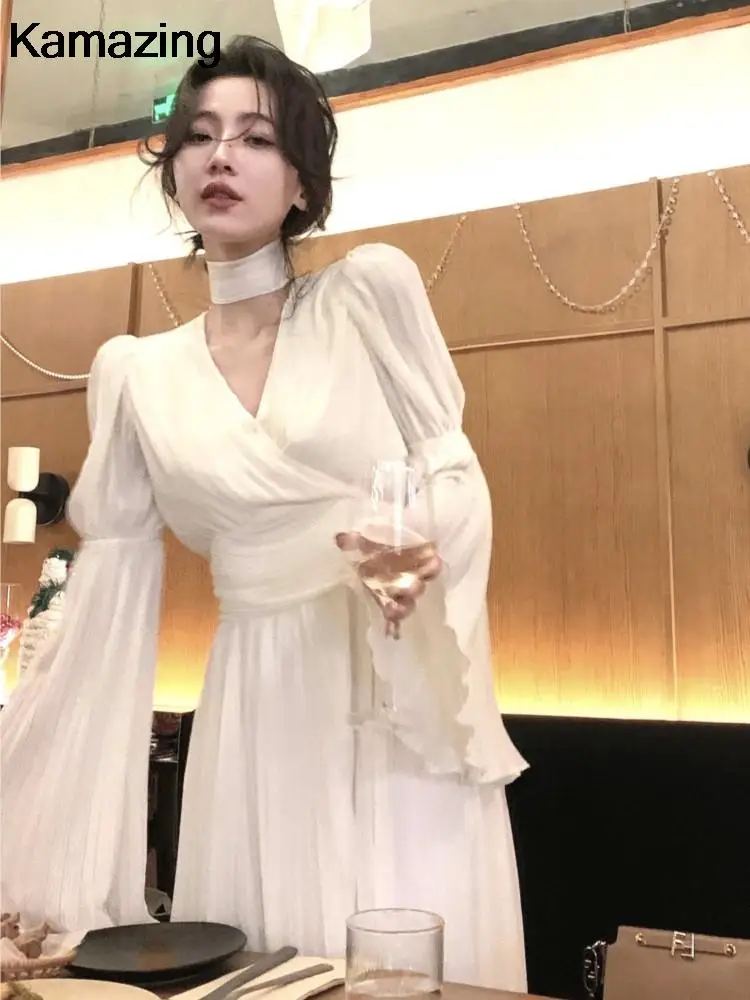 French Vintage Wedding Evening Party Dress Autumn V-neck Flare Sleeve Pleated Long Dresses for Women Fashion One Piece Vestidos