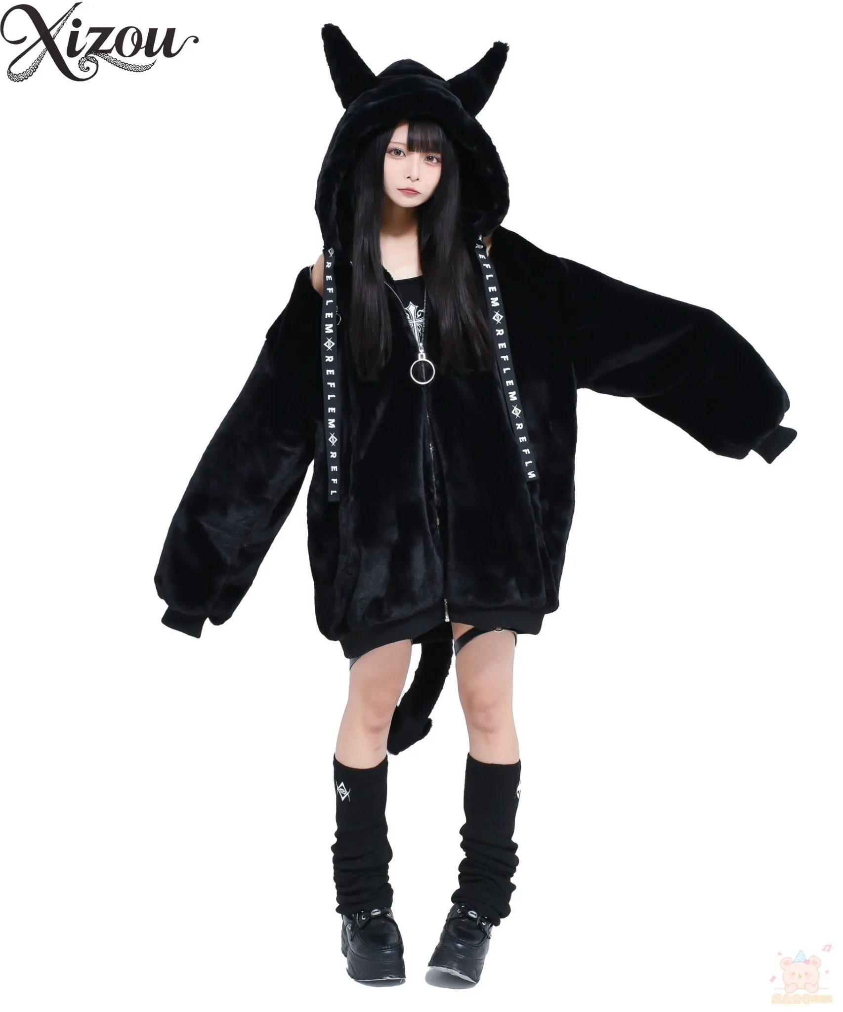 معطف فرو ياباني من القطيفة لعام 2025 للنساء للشتاء سميك ودافئ على شكل آذان الشيطان سترة بقلنسوة وسحّاب فضفاض Kawaii Y2K بلوزات كاساكو الشرير #1