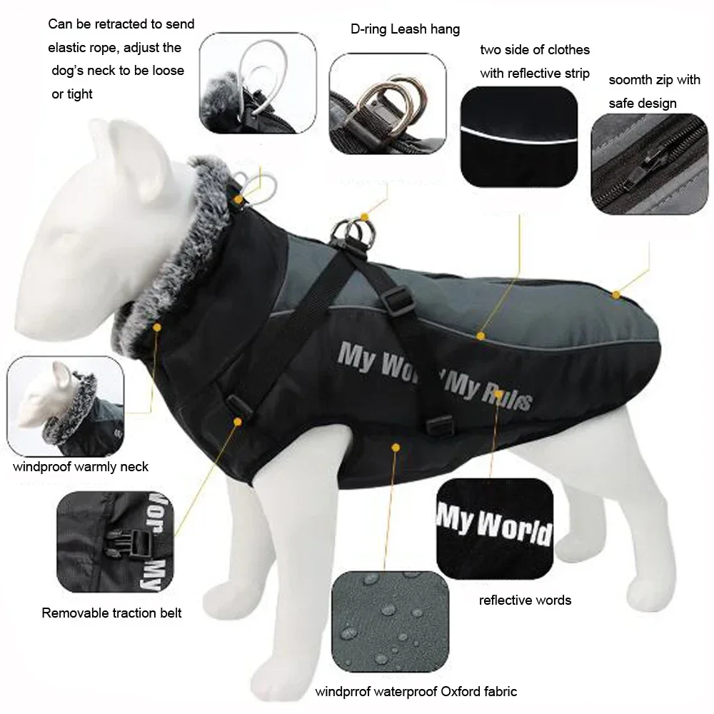 Dog Jacket Winter Coat Dogs Clothes Warm Plush Collar Waterproof Windproof Pet Jacket Hiking Camping With Zipper Reflective Coat