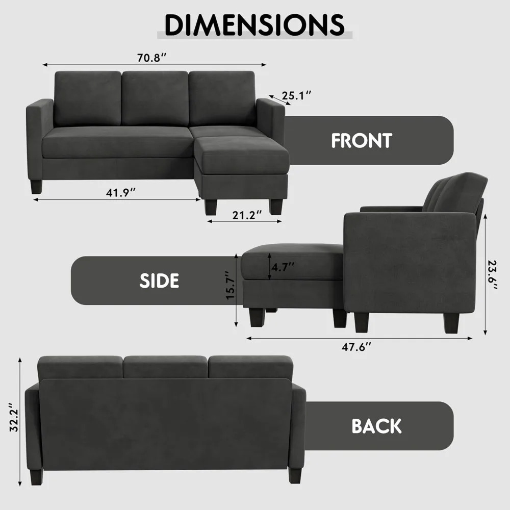 Convertible Sectional 3 L-Shaped Couch Soft Seat with Modern Linen Fabric, Space-Saving Sofas for Living Room