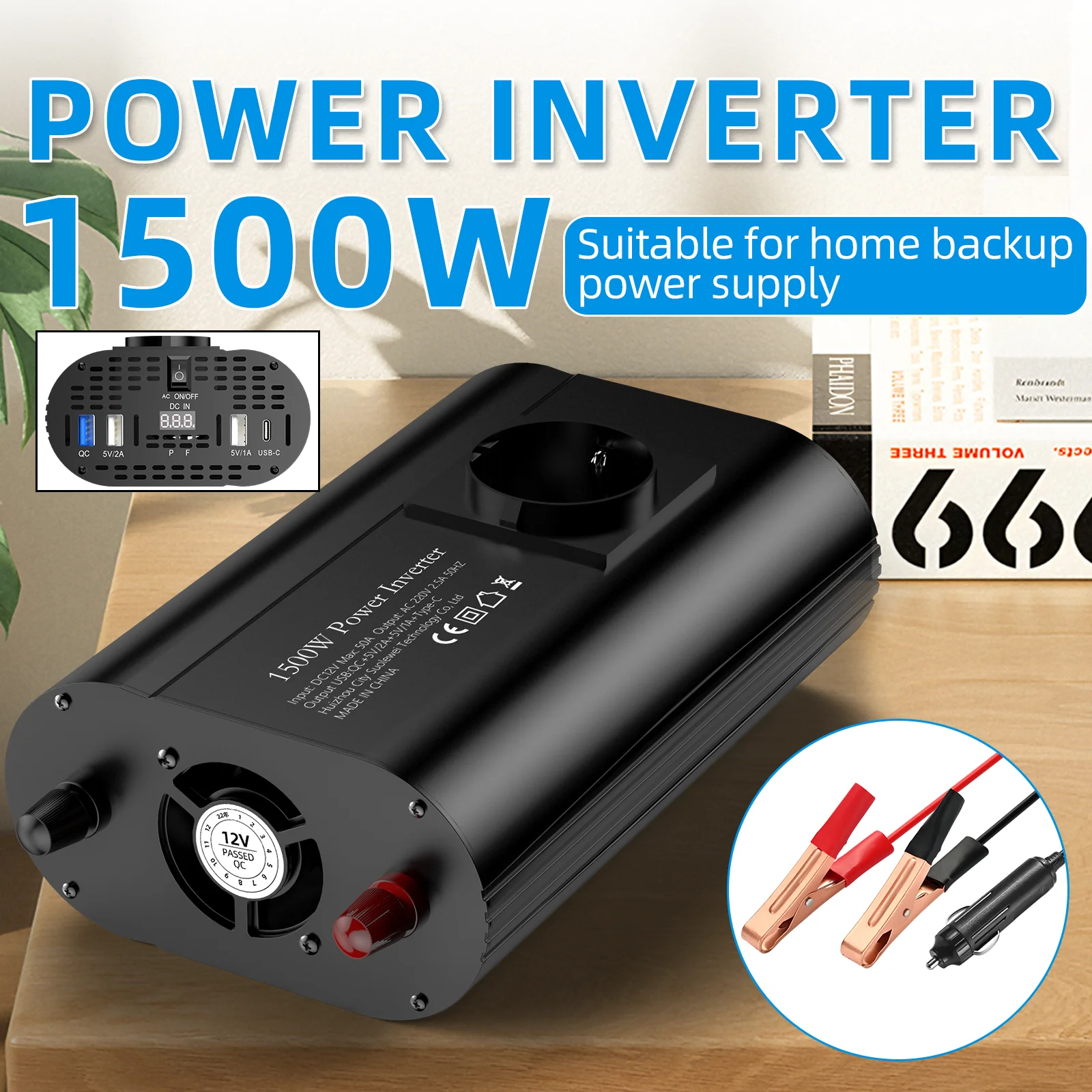 

1500W Modified Wave Inverter, DC 12V to AC 220V 50HZ, portable inverter with European standard socket