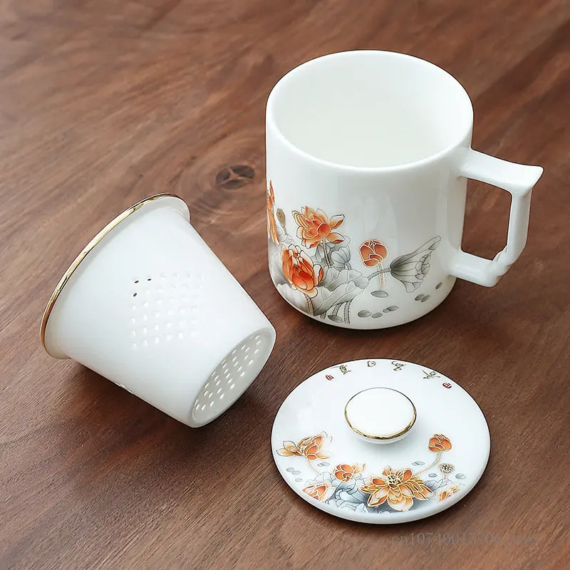 Hand-painted Landscape Pattern Series Tea Water Separating Ceramic Office goat fat Jade Porcelain Belt Cover Filter Mug, Tea Cup