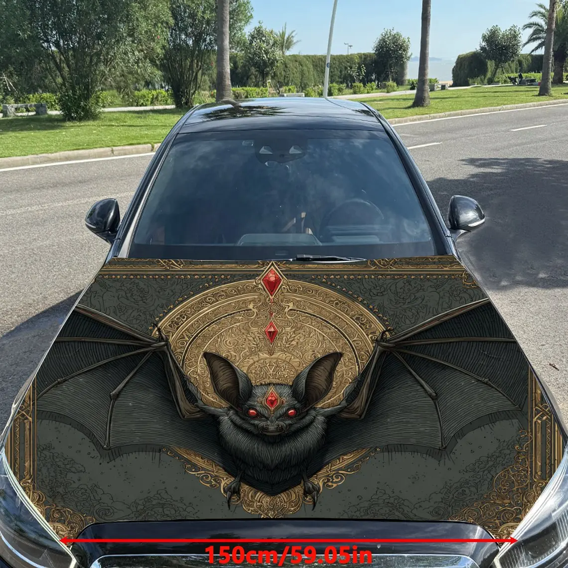 Bat with Red Eyes and Vintage Gold Patterns Car Vinyl Wrap, PVC Material Waterproof Car Hood Sticker, Self-Adhesive Scratch-Resi