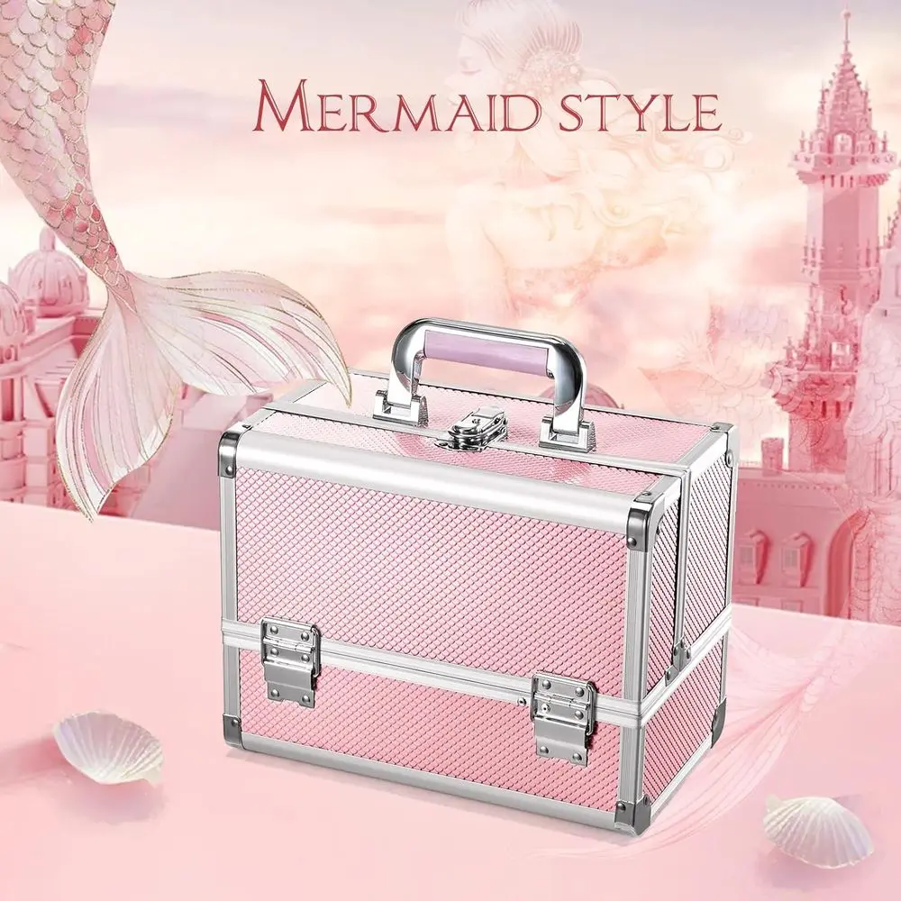 Trousse de maquillage portable rose sirène avec 3 niveaux, miroir, porte-brosse, verrouillable et clé, organisateur de bijoux 11.8 pour voyage