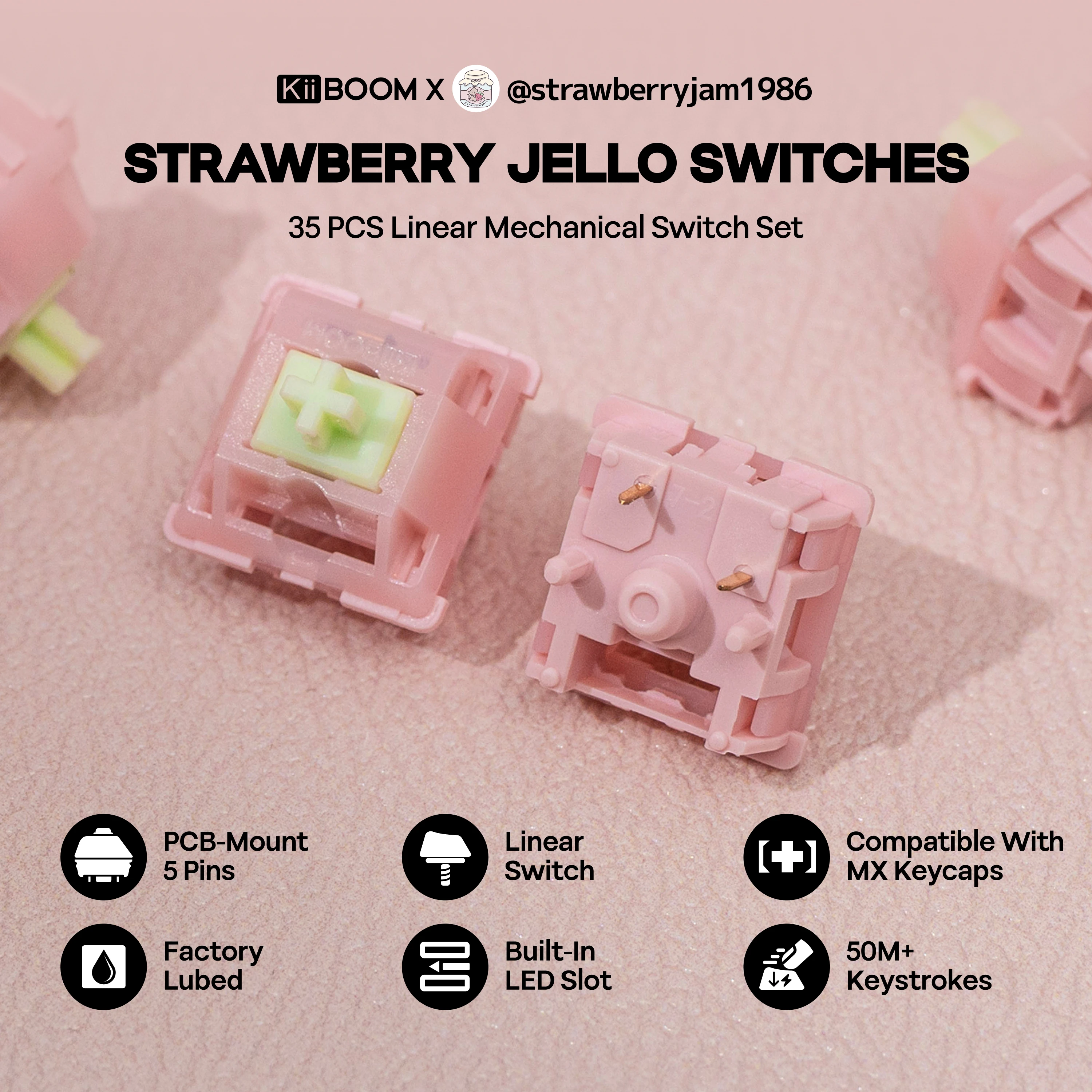 

Набор из 35 линейных переключателей KiiBoom x Strawberryjam1986 Jello Switch, 40gf, для монтажа на печатную плату, 5-контактные, с заводской смазкой, POM-стержни, кейкапы