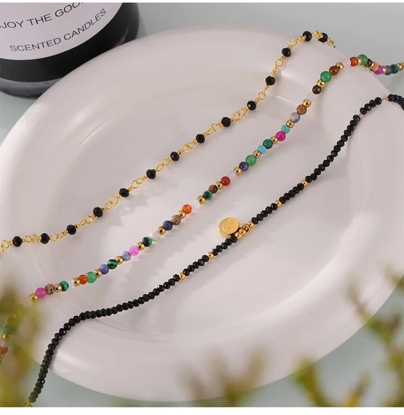 Bohemia Natural Stone Strand Bead Anklet For Women Black Crystal Stainless Steel Foot Chain Women Handmade Summer Beach Jewelry