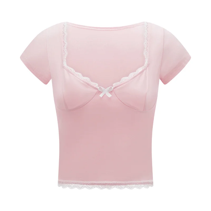 Lamuusaa Lace Trim Crop Top y2k Women Bow Sweetheart Neck Short Sleeve T Shirt Vest 2000s Coquette Aesthetic Clothes Streetwear