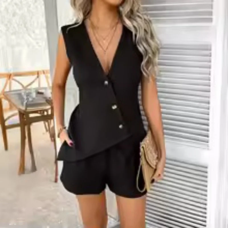 Conjunto de pantalones cortos y chaleco liso elegante para mujer, Top sin mangas + pantalones cortos ajustados de cintura alta, conjunto informal de 2 piezas para oficina para mujer