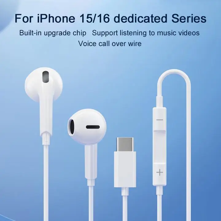 سماعات أذن سلكية ثلاثية الأبعاد من النوع C لهاتف Apple iPhone 17 16 15 Pro Max Plus 17 سماعات هوائية USB C للمكتب/الرياضة/الاستماع إلى الموسيقى
