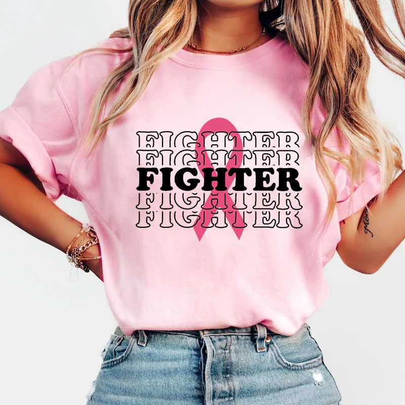 

Breast Cancer Awareness Fighter Printed T-Shirts For Women Summer Tee Shirt Femme Casual Short Sleeve Round Neck Tops T-Shirts