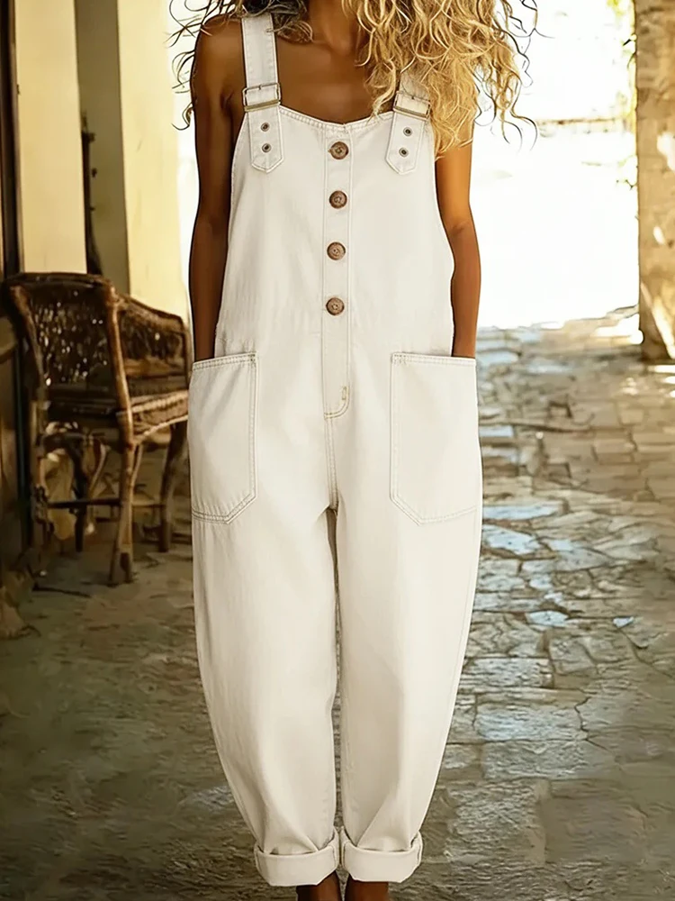 

New Holiday Straight Pants Chic Jumpsuits, Women Spring Summer Sleeveless Overalls, 2026 Solid Patchwork Simple Ladies Playsuits