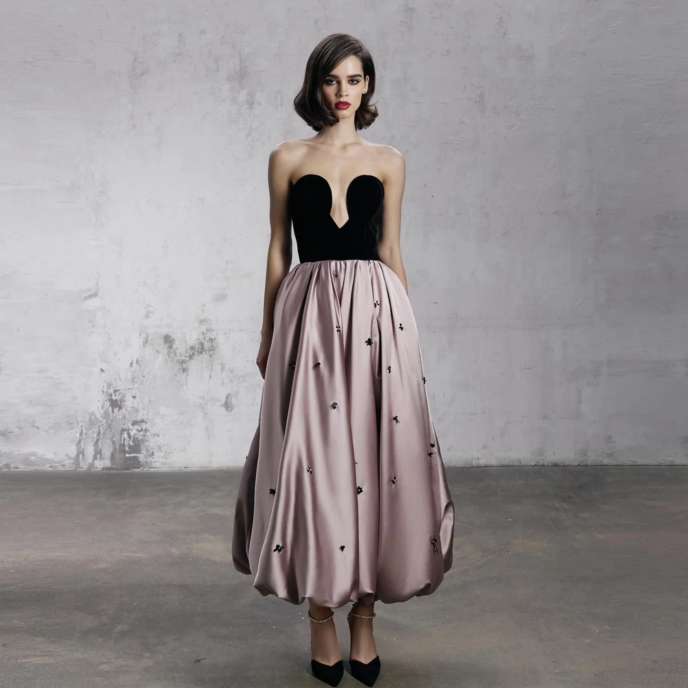 فستان سهرة أنيق بدون حمالات من الساتان موضة كريستال الأزهار التفتا ألف خط فساتين حفلات منتفخ التفتا طول الكاحل فستان الحفلات