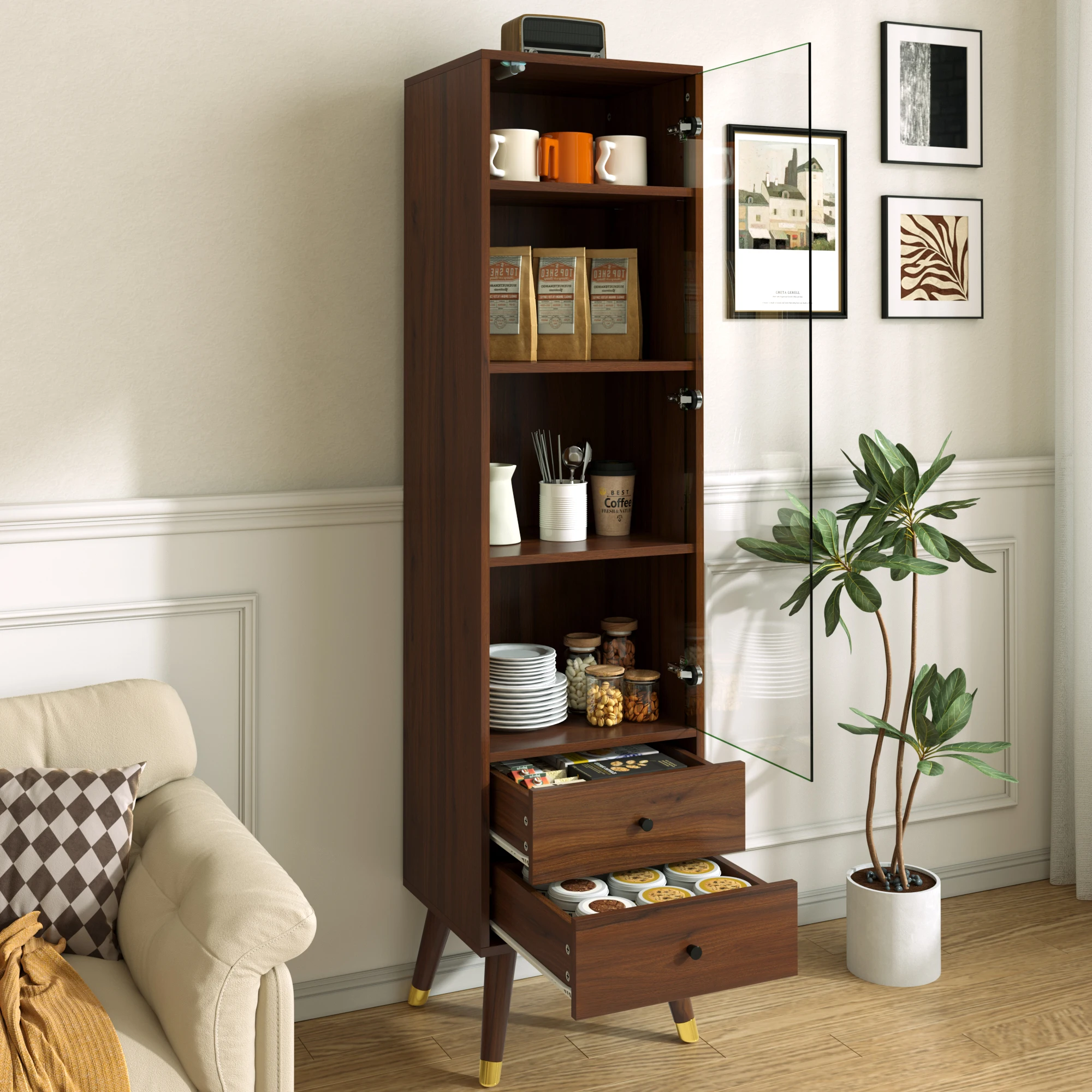 Vitrine moderne avec porte en verre, 3 étagères réglables et 2 tiroirs à ouverture par pression, meuble de rangement pour salon, bureau, chambre, couloir, finition noyer.