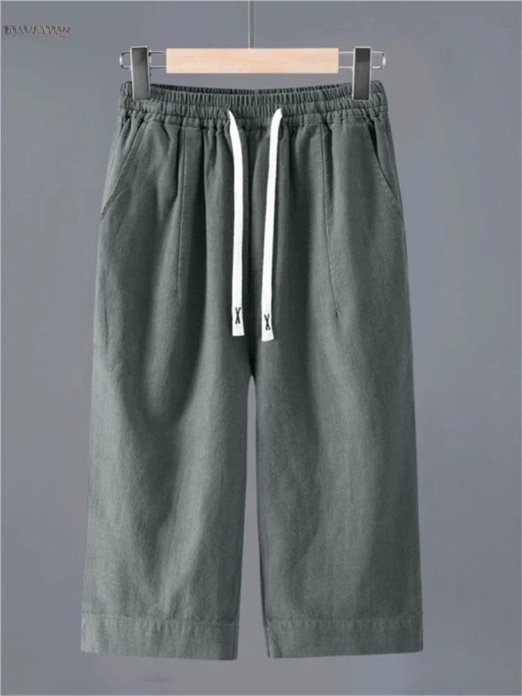 

High-End Pure Color Lin Men's Knee-Length Seven-Piece Pants Summer Breathable Cotton Linen Fabric Middle-Pants Jute orts