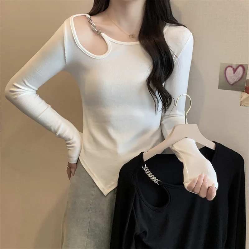 Fashion Hight Street Hollow Shoulder Long-sleeved T-shirts Women Spring New Solid Slim Fit Tee Patchwork Chain Irregular Top