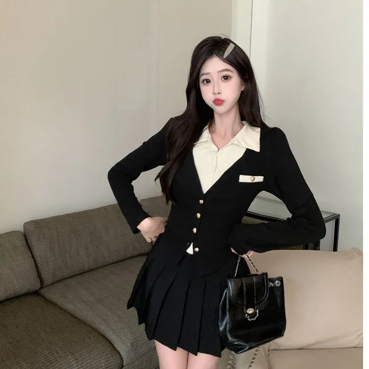 Осенне-зимний женский модный комплект Slim Fit Long Sve с плиссированной юбкой и воротником на пуговицах Sle College Wind