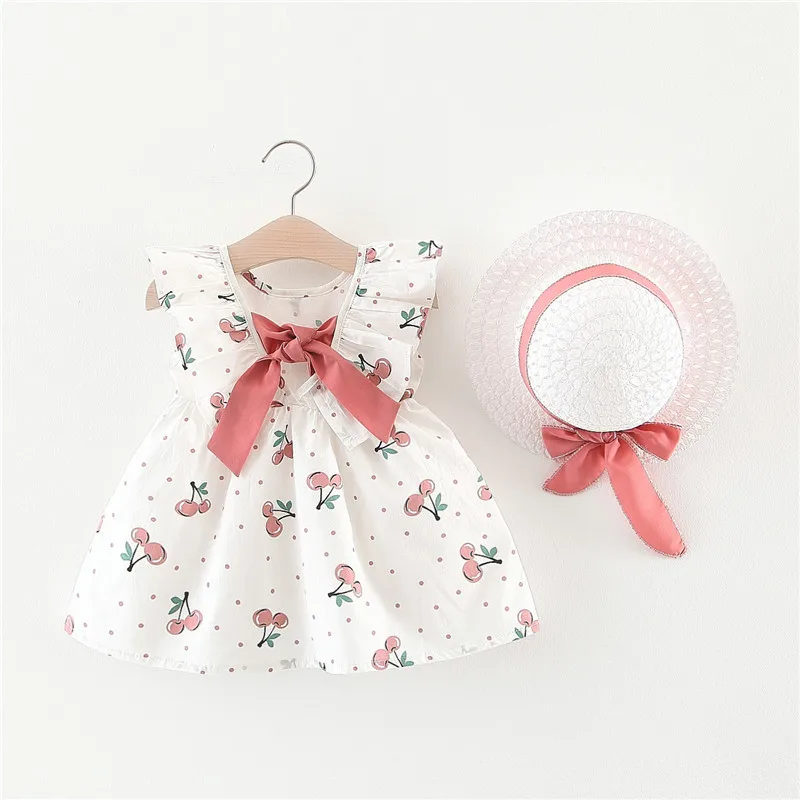 Summer 2-Piece Baby Dress+Sun Hat Bow Strap Floral Baby Girl Dress Soft And Comfortable Children\'S Clothing